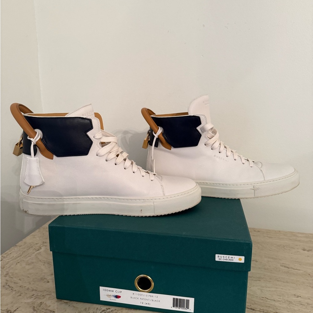 Buscemi White and Navy High-Top Sneakers
